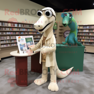 Beige Diplodocus mascot costume character dressed with a Cardigan and Reading glasses