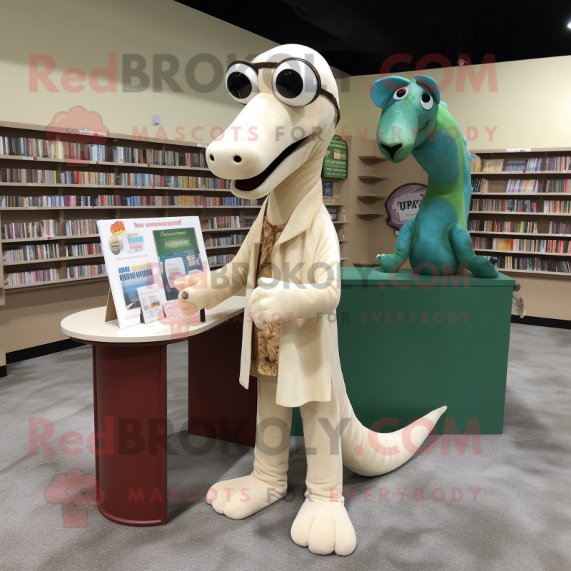 Beige Diplodocus mascot costume character dressed with a Cardigan and Reading glasses Beige Diplodocus mascot costume character dressed with a Cardigan and Reading glasses