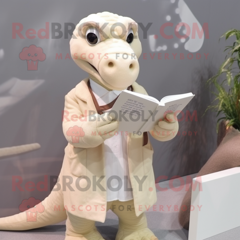 Beige Diplodocus mascot costume character dressed with a Cardigan and Reading glasses