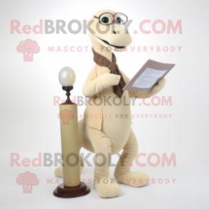 Beige Diplodocus mascot costume character dressed with a Cardigan and Reading glasses