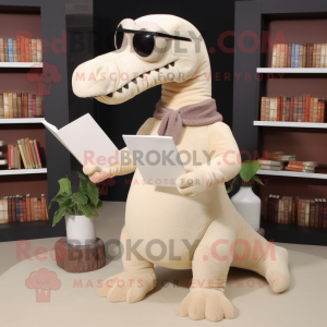 Beige Diplodocus mascot costume character dressed with a Cardigan and Reading glasses
