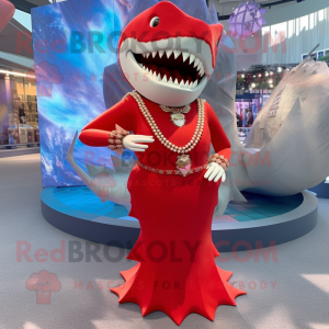 Red Megalodon mascot costume character dressed with a Shift Dress and Necklaces