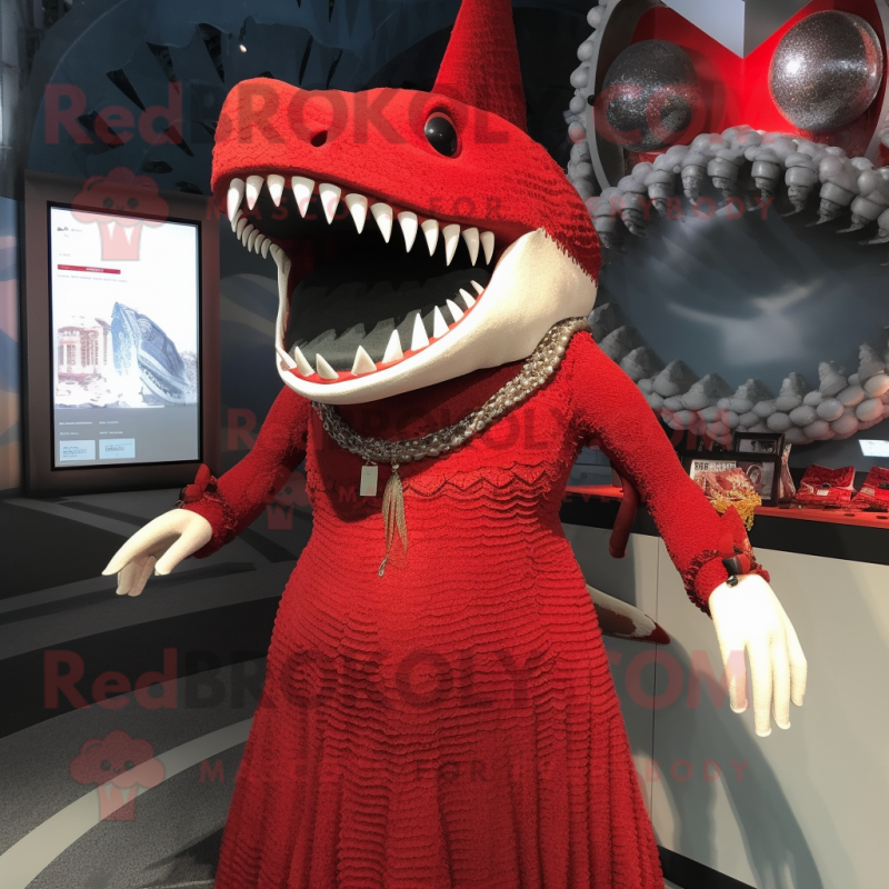 Red Megalodon mascot costume character dressed with a Shift Dress and Necklaces