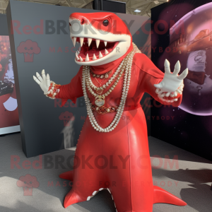 Red Megalodon mascot costume character dressed with a Shift Dress and Necklaces