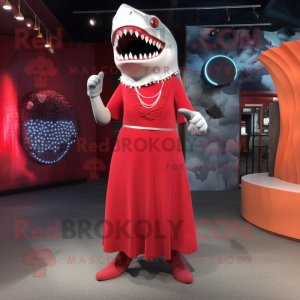 Red Megalodon mascot costume character dressed with a Shift Dress and Necklaces