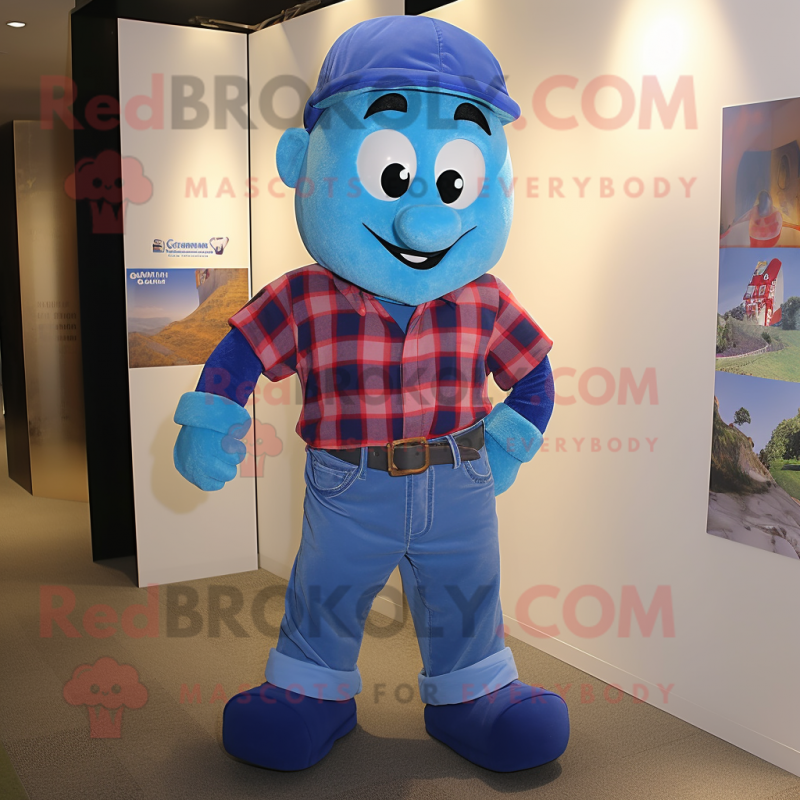 Blue Aglet mascot costume character dressed with a Flannel Shirt and Suspenders