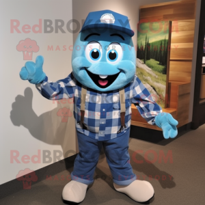 Blue Aglet mascot costume character dressed with a Flannel Shirt and Suspenders