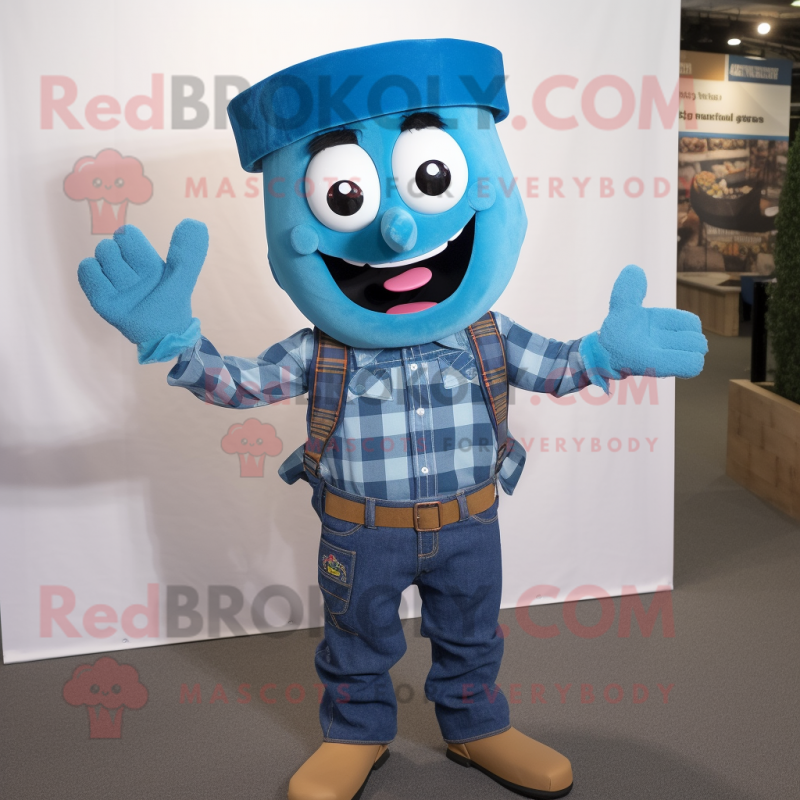 Blue Aglet mascot costume character dressed with a Flannel Shirt and Suspenders