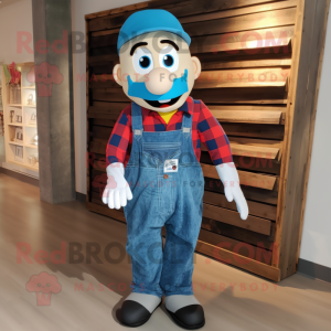 Blue Aglet mascot costume character dressed with a Flannel Shirt and Suspenders