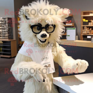Cream Werewolf mascot costume character dressed with a Wrap Dress and Reading glasses