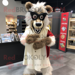 Cream Werewolf mascot costume character dressed with a Wrap Dress and Reading glasses