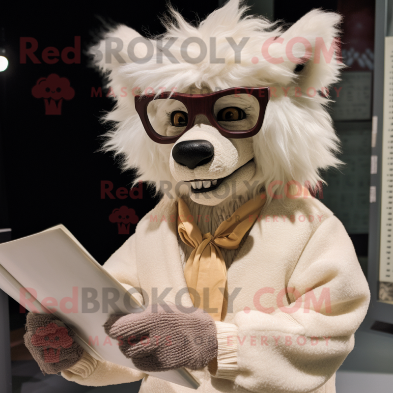 Cream Werewolf mascot costume character dressed with a Wrap Dress and Reading glasses