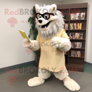 Cream Werewolf mascot costume character dressed with a Wrap Dress and Reading glasses