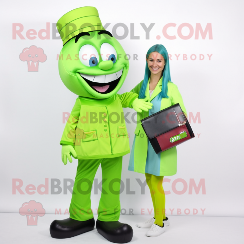 Lime Green Doctor mascot costume character dressed with a Pencil Skirt and Wallets