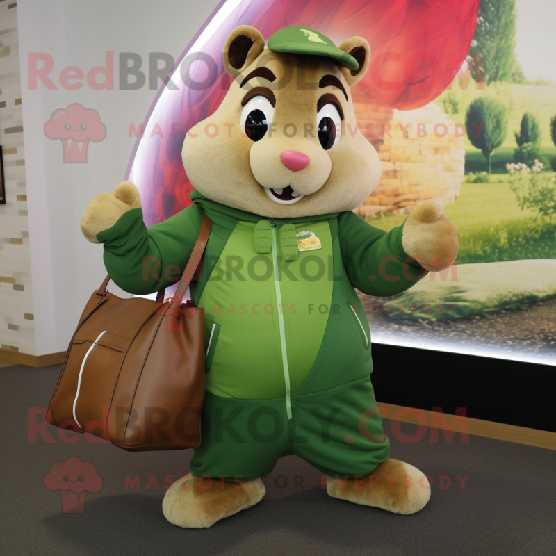 Olive Hamster mascot costume character dressed with a Jumpsuit and Handbags