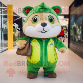 Olive Hamster mascot costume character dressed with a Jumpsuit and Handbags