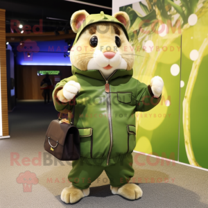 Olive Hamster mascot costume character dressed with a Jumpsuit and Handbags
