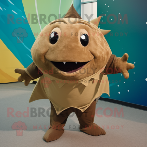 Brown Stingray mascot costume character dressed with a Corduroy Pants and Ties