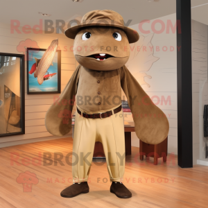 Brown Stingray mascot costume character dressed with a Corduroy Pants and Ties