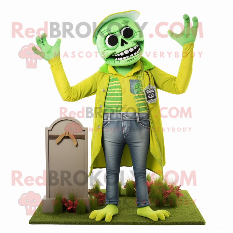 Lime Green Graveyard mascot costume character dressed with a Jeans and Cummerbunds Lime Green Graveyard mascot costume character dressed with a Jeans and Cummerbunds