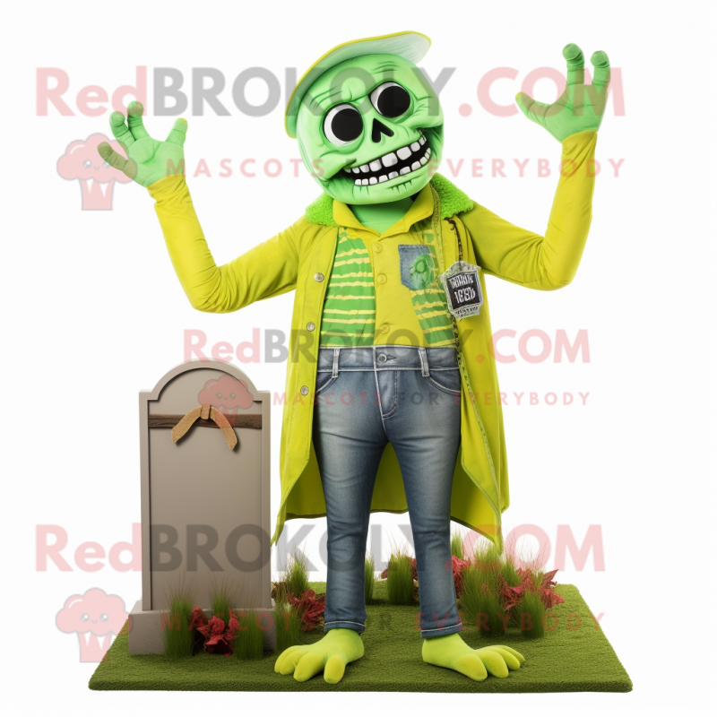 Lime Green Graveyard mascot costume character dressed with a Jeans and Cummerbunds