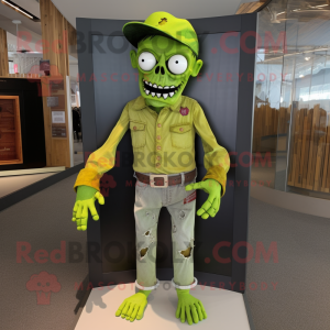 Lime Green Graveyard mascot costume character dressed with a Jeans and Cummerbunds