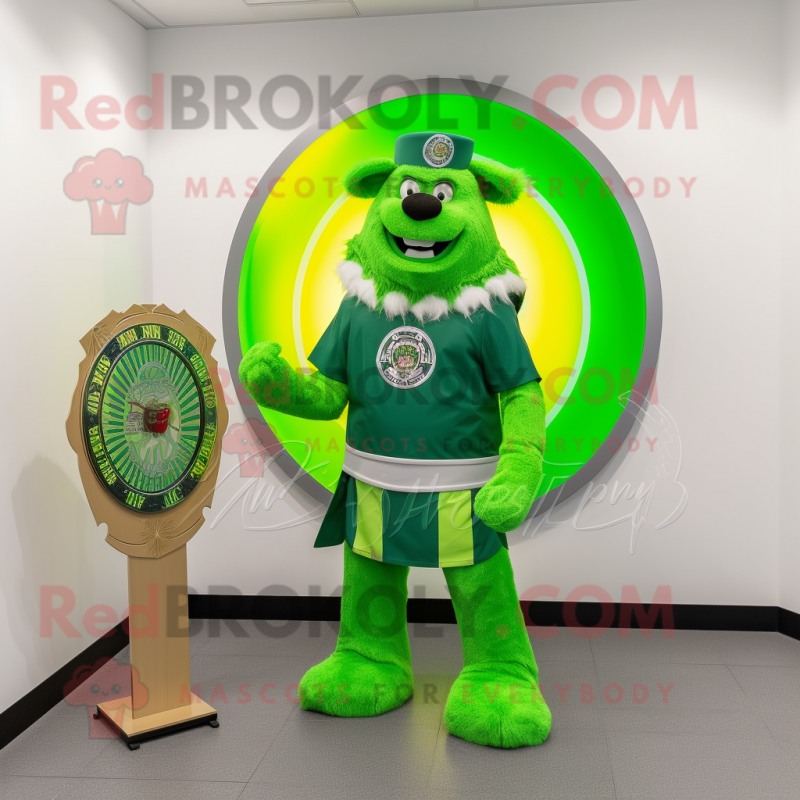 Lime Green Celtic Shield mascot costume character dressed with a Flare Jeans and Watches