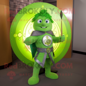 Lime Green Celtic Shield mascot costume character dressed with a Flare Jeans and Watches