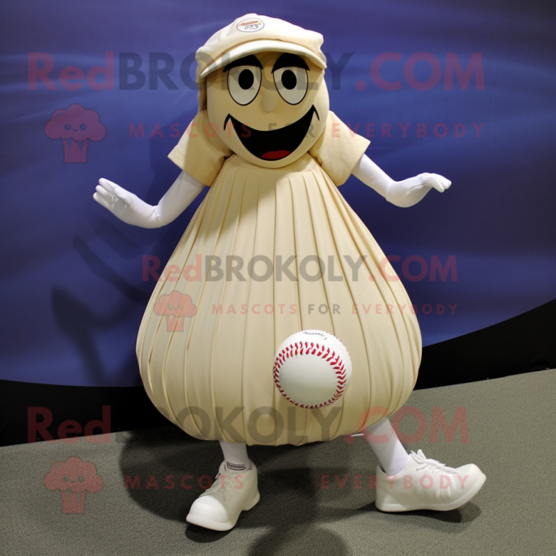 Cream Baseball Ball mascot costume character dressed with a Pleated Skirt and Shoe laces