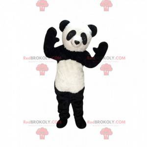 Svart og hvit panda maskot, realistisk bjørnedrakt -