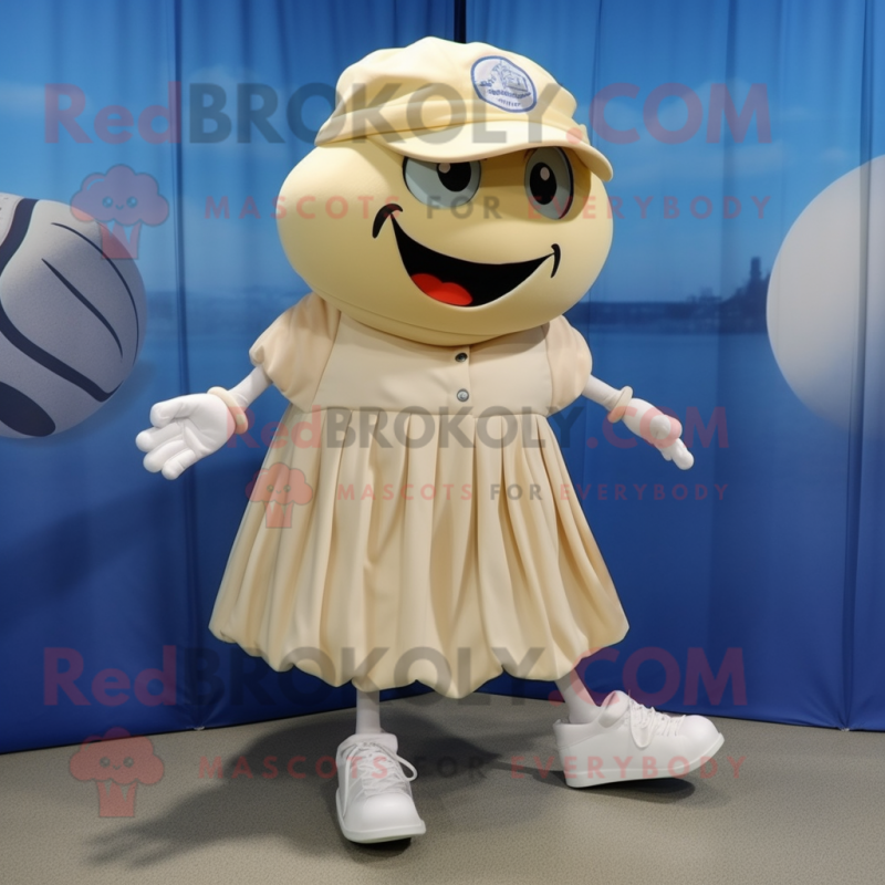 Cream Baseball Ball mascot costume character dressed with a Pleated Skirt and Shoe laces