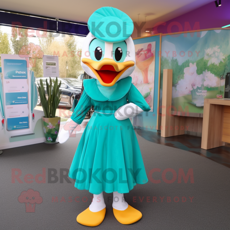 Teal Swans mascot costume character dressed with a Dress and Beanies Teal Swans mascot costume character dressed with a Dress and Beanies