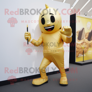 Gold Knife Thrower mascot costume character dressed with a Playsuit and Clutch bags