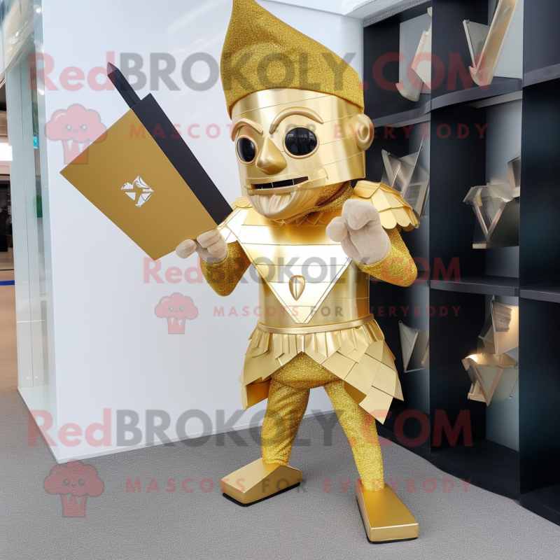 Gold Knife Thrower mascot costume character dressed with a Playsuit and Clutch bags Gold Knife Thrower mascot costume character dressed with a Playsuit and Clutch bags