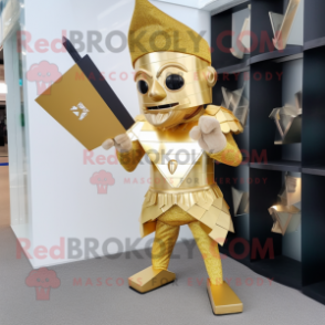 Gold Knife Thrower mascot costume character dressed with a Playsuit and Clutch bags