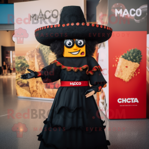 Black Nachos mascot costume character dressed with a Empire Waist Dress and Caps