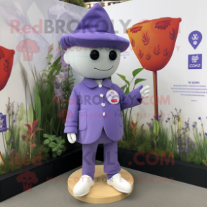 Lavender Pendant mascot costume character dressed with a Culottes and Lapel pins