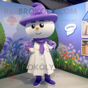 Lavender Pendant mascot costume character dressed with a Culottes and Lapel pins