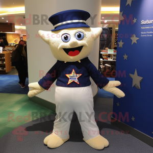 Navy Starfish mascot costume character dressed with a Shorts and Shawl pins