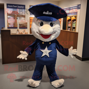 Navy Starfish mascot costume character dressed with a Shorts and Shawl pins