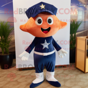 Navy Starfish mascot costume character dressed with a Shorts and Shawl pins