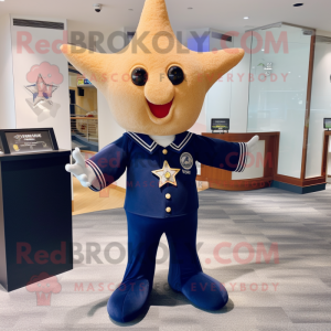 Navy Starfish mascot costume character dressed with a Shorts and Shawl pins