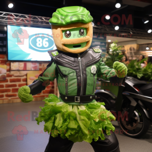 Green Caesar Salad mascot costume character dressed with a Biker Jacket and Belts