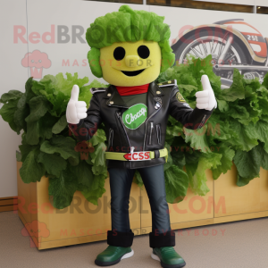 Green Caesar Salad mascot costume character dressed with a Biker Jacket and Belts