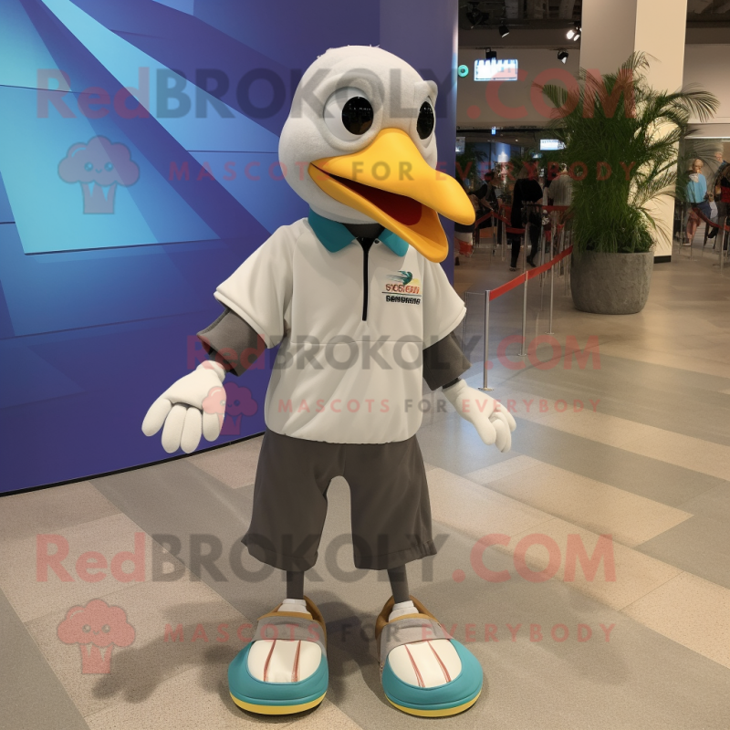 Gray Albatross mascot costume character dressed with a Polo Tee and Shoe laces