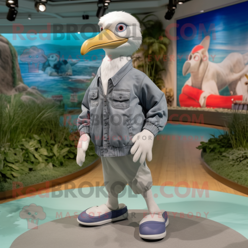 Gray Albatross mascot costume character dressed with a Polo Tee and Shoe laces