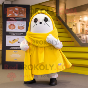 Lemon Yellow Ermine mascot costume character dressed with a Chinos and Scarf clips