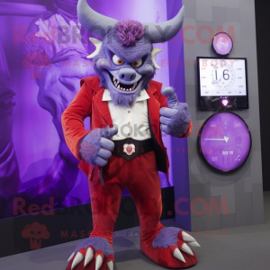 Purple Devil mascot costume character dressed with a Waistcoat and Digital watches