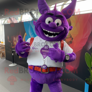 Purple Devil mascot costume character dressed with a Waistcoat and Digital watches