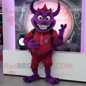 Purple Devil mascot costume character dressed with a Waistcoat and Digital watches